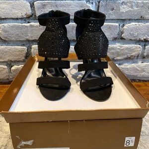 Audrey Brooke Black Embellished Ankle Strap Heels